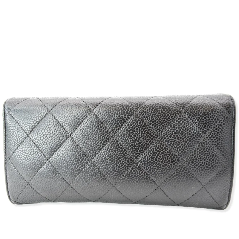 CHANEL Gusset Flap Caviar Leather Wallet Black