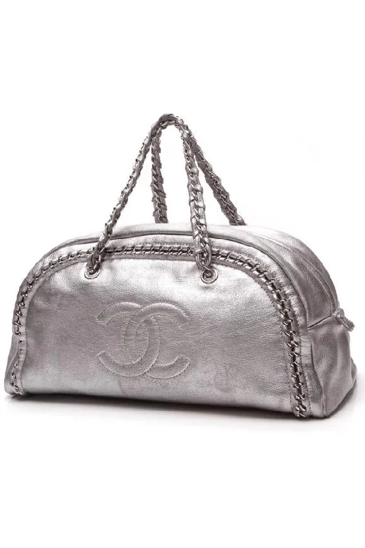 CHANEL LUXE LIGNE METALLIC SILVER LEATHER BOWLER BAG